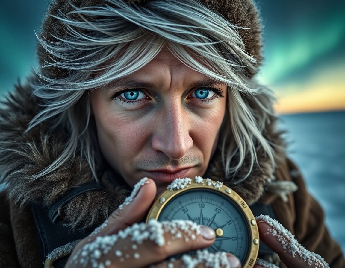 AI generated art for prompt: A photorealistic portrait of a Nordic explorer with piercing blue eyes and windswept silver hair cap