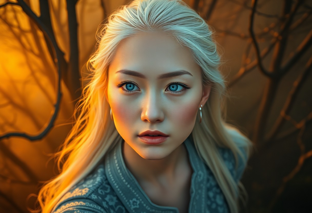 AI generated art for prompt: Envision a photorealistic portrait of an East Asian woman with piercing blue eyes and platinum blond