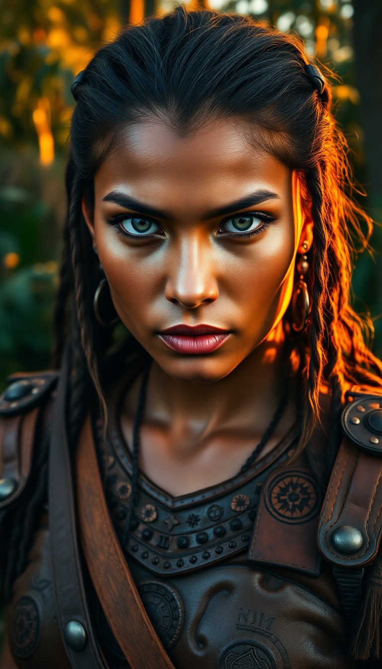 AI generated art for prompt: A portrait photograph captures the enigmatic gaze of a Pacific Islander warrior. Her piercing green 