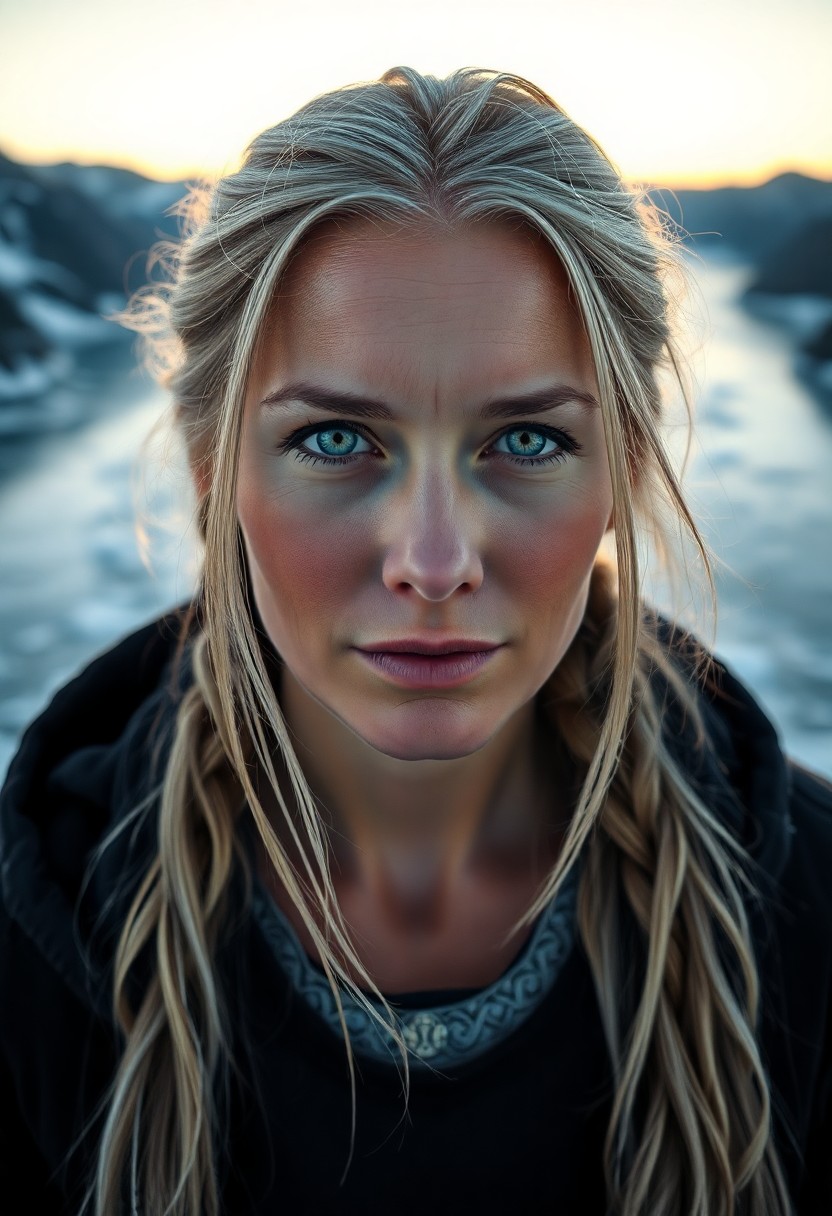 AI generated art for prompt: A photorealistic portrait of a European woman with captivating ice-blue eyes and long, silver-streak