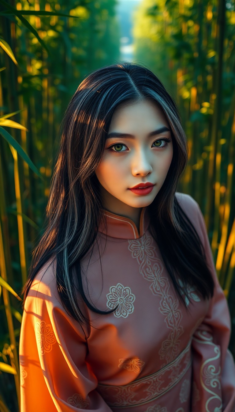 AI generated art for prompt: A portrait photo captures an enigmatic East Asian woman with porcelain skin and ebony hair streaked 