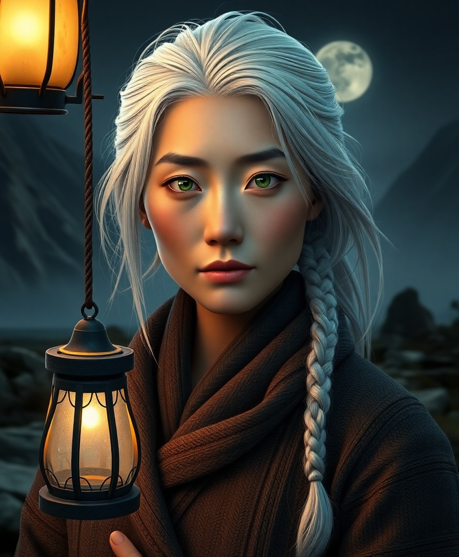 AI generated art for prompt: Create a super-realistic portrait of an East Asian woman with piercing green eyes, snow-white hair, 