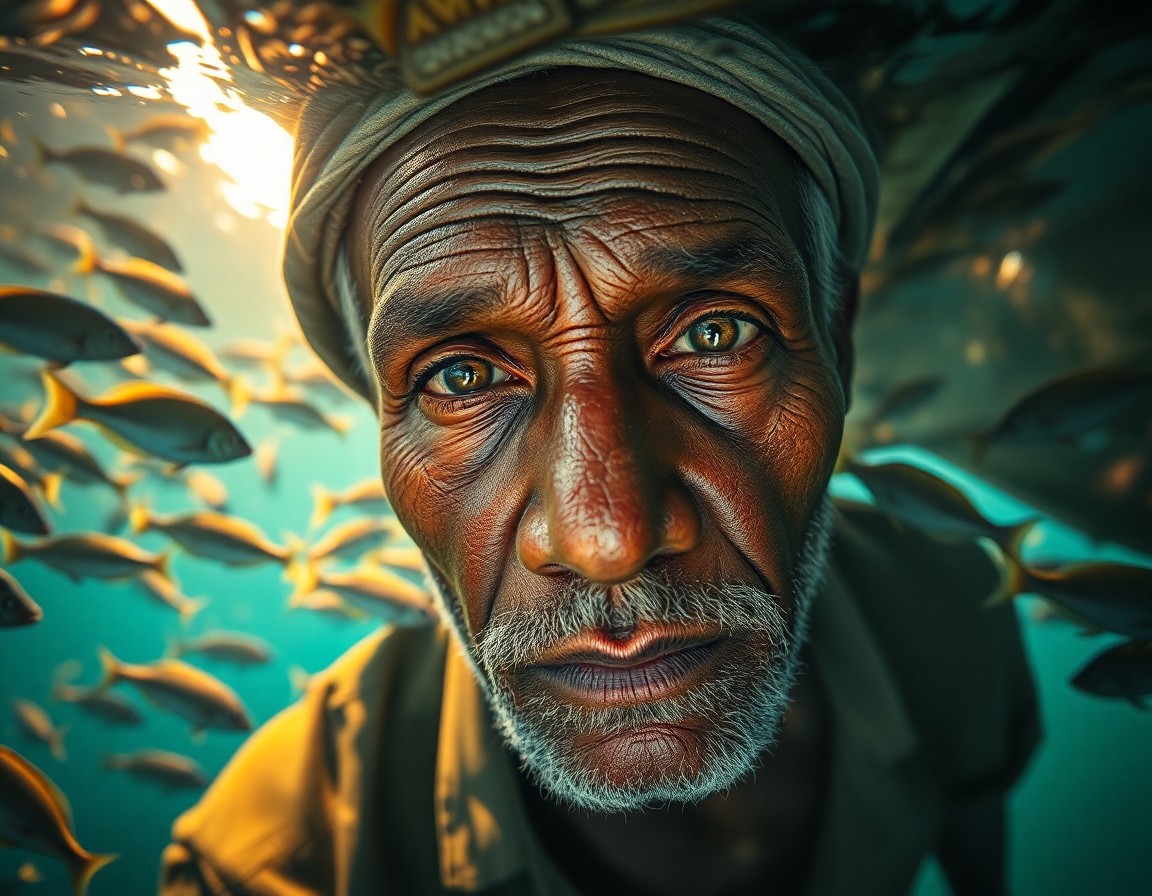 AI generated art for prompt: Create an iPhone portrait of a weathered African fisherman, his warm hazel eyes and deeply lined fac