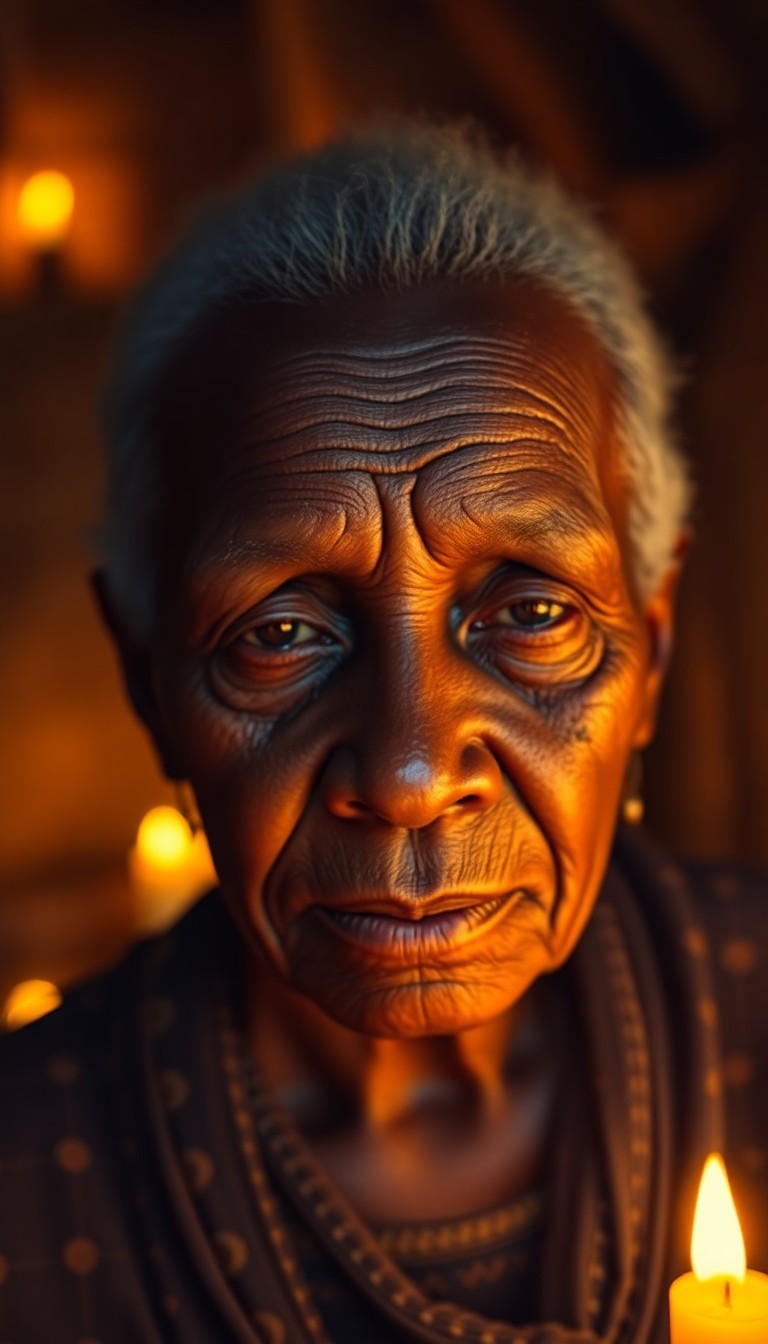 AI generated art for prompt: A portrait photograph captures the serene gaze of an African elder with warm, copper-toned skin and 