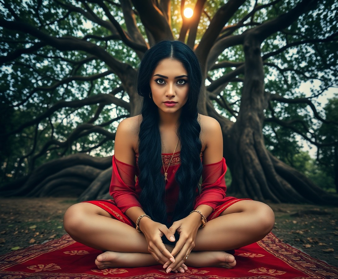 AI generated art for prompt: Create a portrait photograph that captures the enigmatic allure of a South Asian woman. She has capt