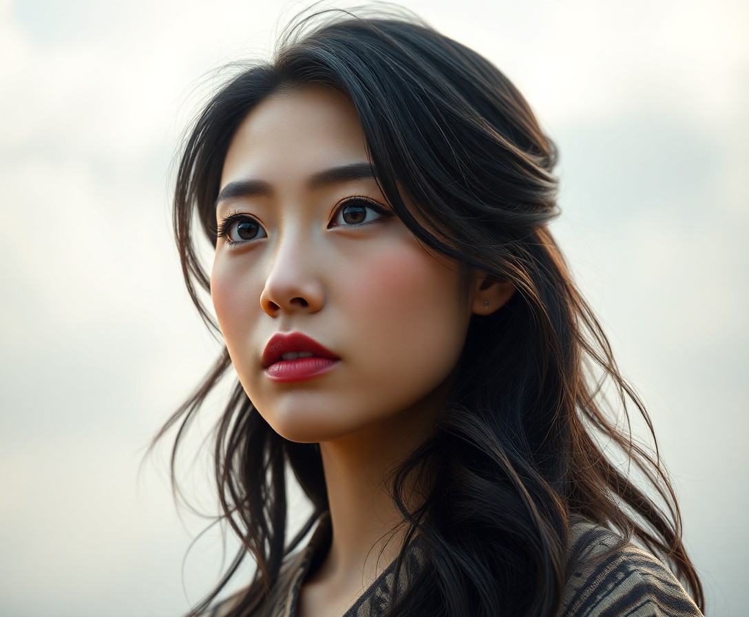 AI generated art for prompt: Create a photorealistic portrait of an East Asian woman with deep, pensive brown eyes and jet-black 