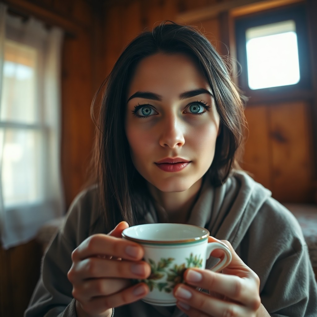 AI generated art for prompt: A portrait photograph captures a contemplative Middle Eastern woman with piercing blue eyes and smoo