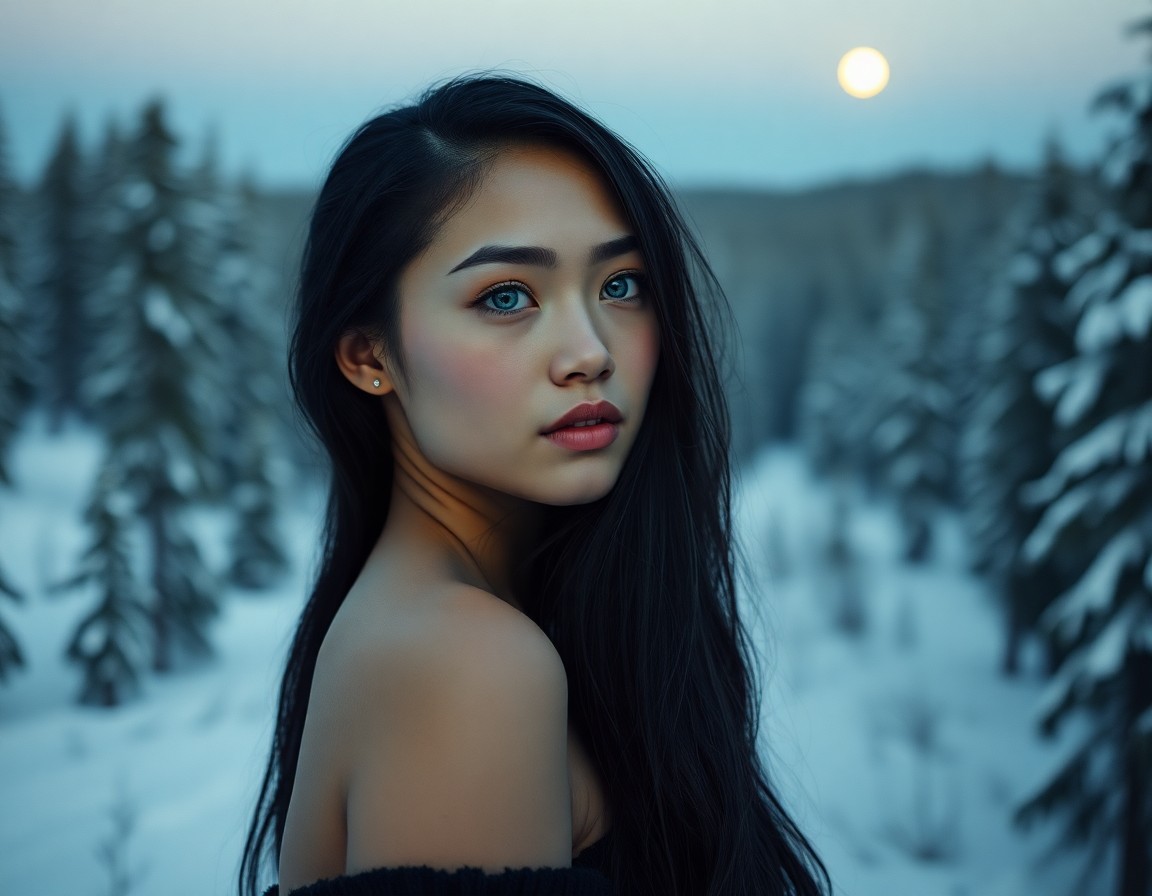 AI generated art for prompt: Create a photorealistic portrait of a Pacific Islander woman with icy blue eyes and raven hair, set 