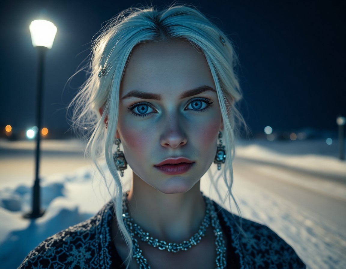 AI generated art for prompt: A Nordic woman with icy blue eyes and platinum hair, adorned with intricate silver jewelry, stands a