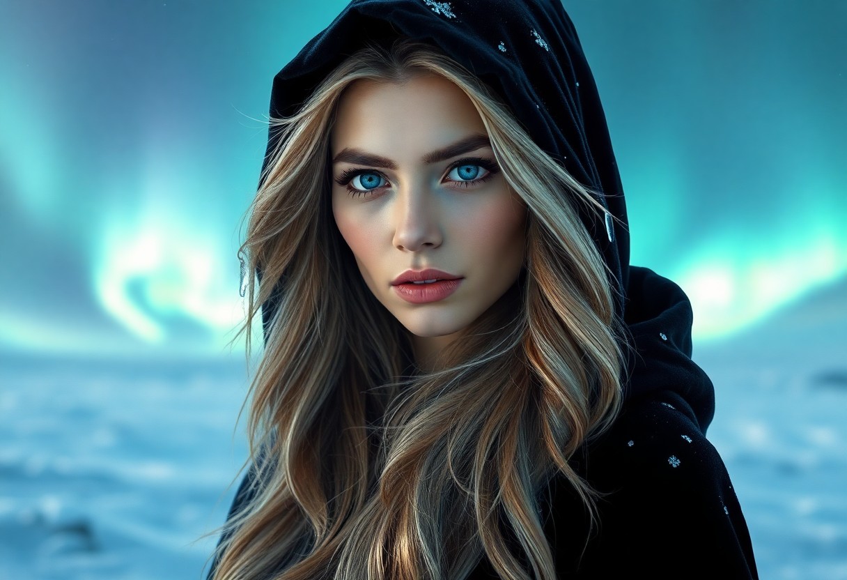 AI generated art for prompt: Envision a photorealistic portrait of an enigmatic Hispanic woman, her piercing blue eyes and long, 