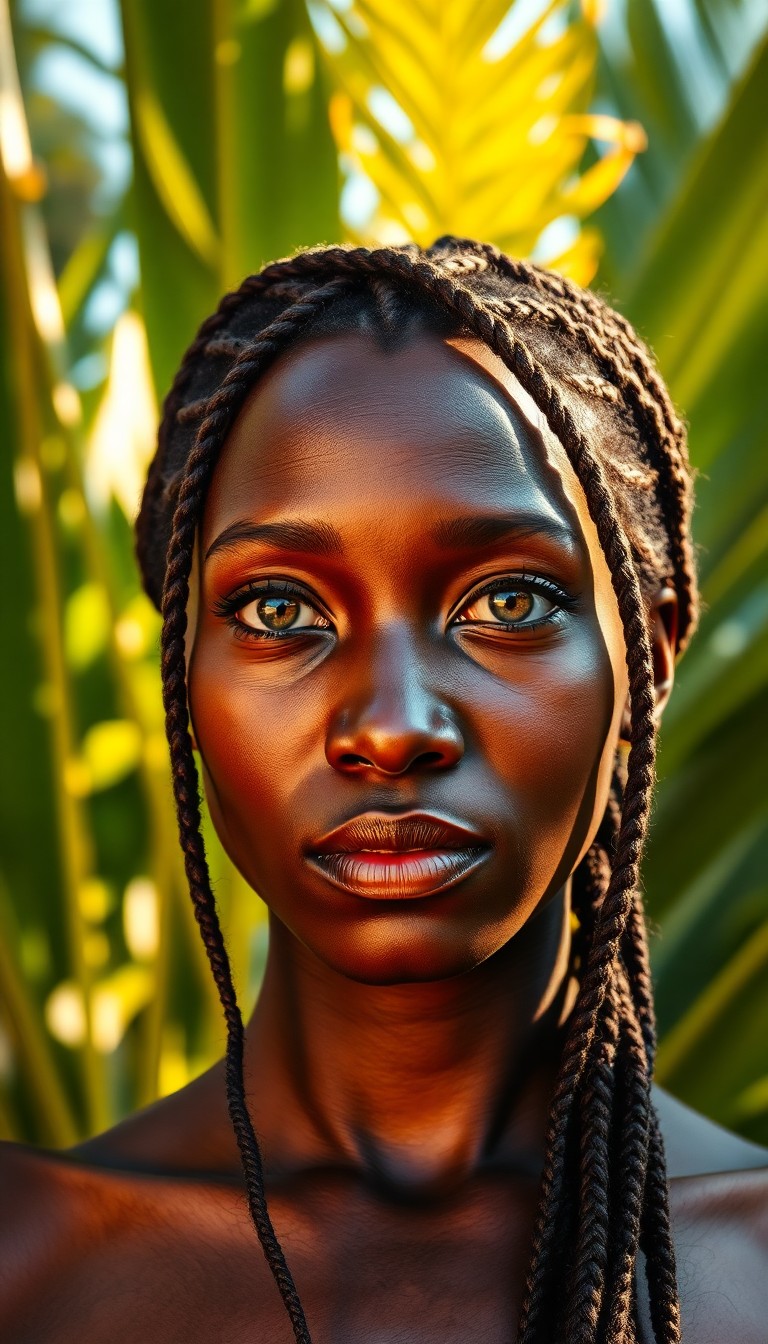 AI generated art for prompt: Envision a portrait of an enigmatic African woman with captivating golden-brown eyes and intricate b