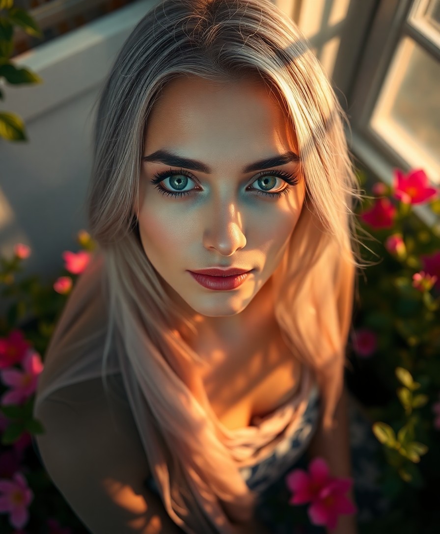 AI generated art for prompt: A serene Middle Eastern woman with deep blue eyes and porcelain skin is captured in a photorealistic