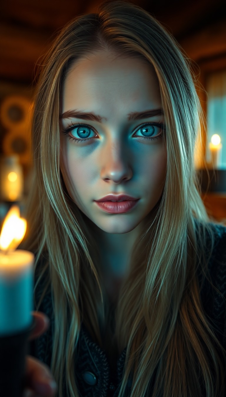 AI generated art for prompt: Imagine a photorealistic portrait of an enigmatic Nordic woman with captivating azure eyes and porce