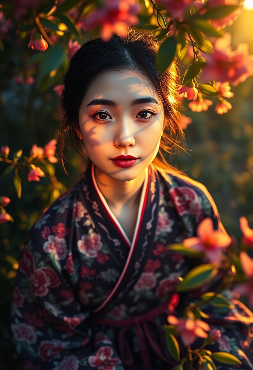 AI generated art for prompt: A DSLR captures an enigmatic portrait of a young East Asian woman with warm almond eyes and delicate