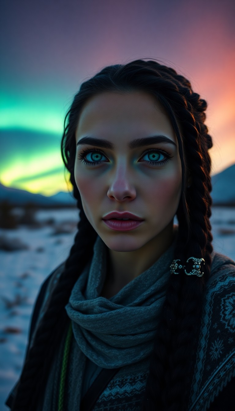 AI generated art for prompt: A super-realistic portrait depicts an enigmatic Middle Eastern woman with piercing green eyes and in