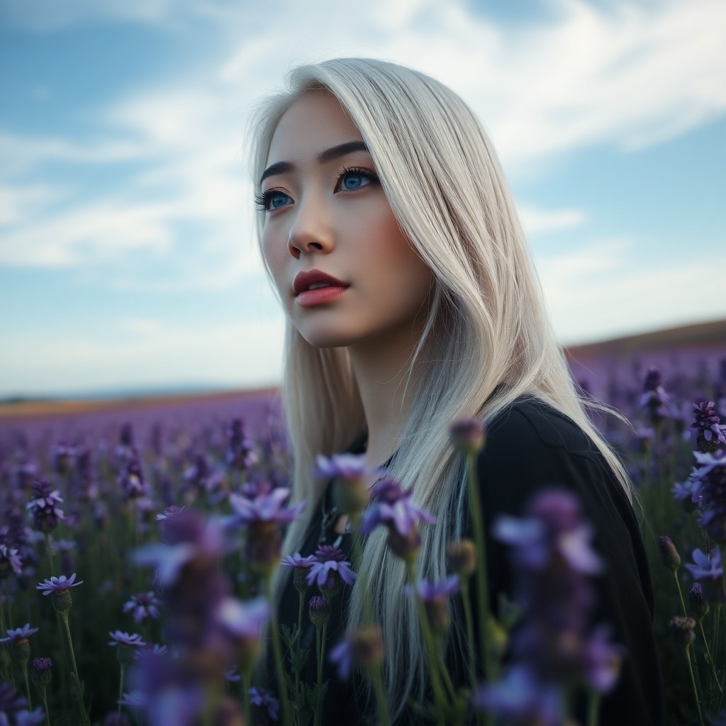 AI generated art for prompt: A portrait photograph showcases an enigmatic East Asian woman with captivating blue eyes and platinu