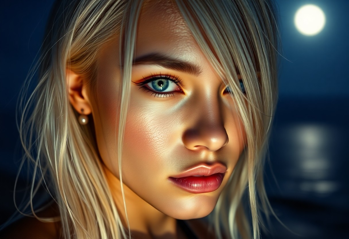 AI generated art for prompt: A super-realistic portrait captures a Pacific Islander woman's enigmatic gaze and piercing blue eyes