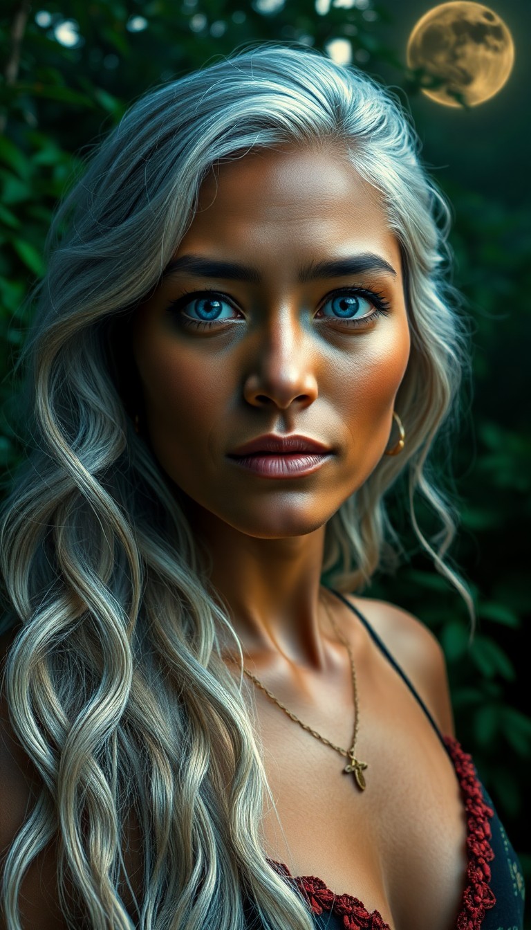 AI generated art for prompt: Envision a portrait photograph of an enigmatic Pacific Islander woman with piercing blue eyes and si