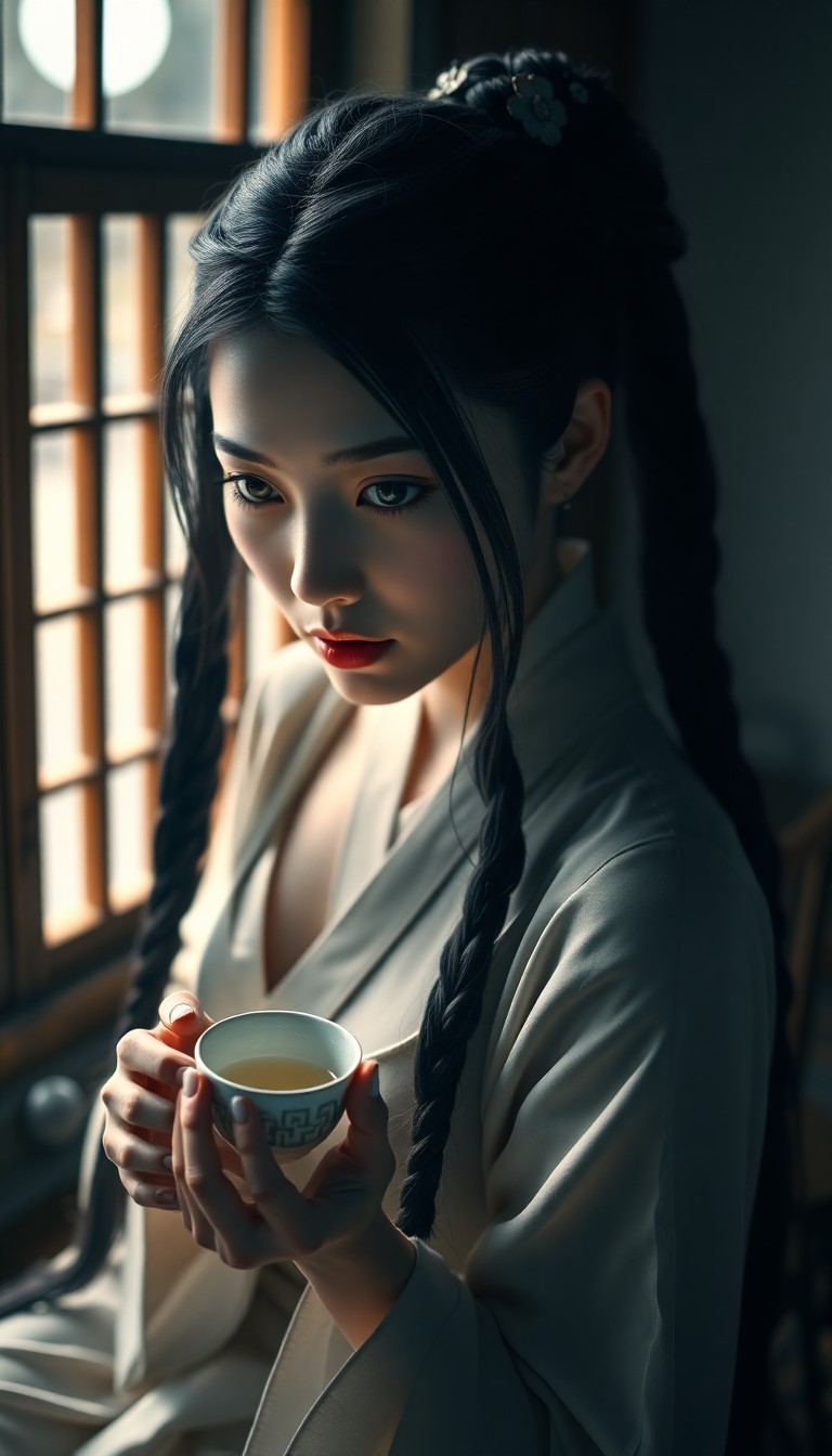 AI generated art for prompt: A photorealistic portrait captures an East Asian woman's enigmatic allure, her porcelain skin and lo