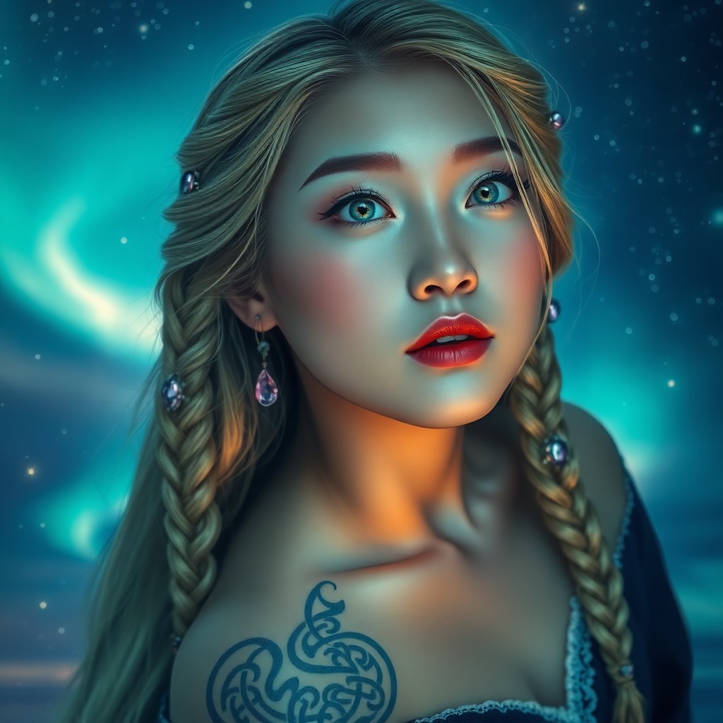 AI generated art for prompt: Envision a strikingly photorealistic portrait of an East Asian woman with piercing ice-blue eyes and