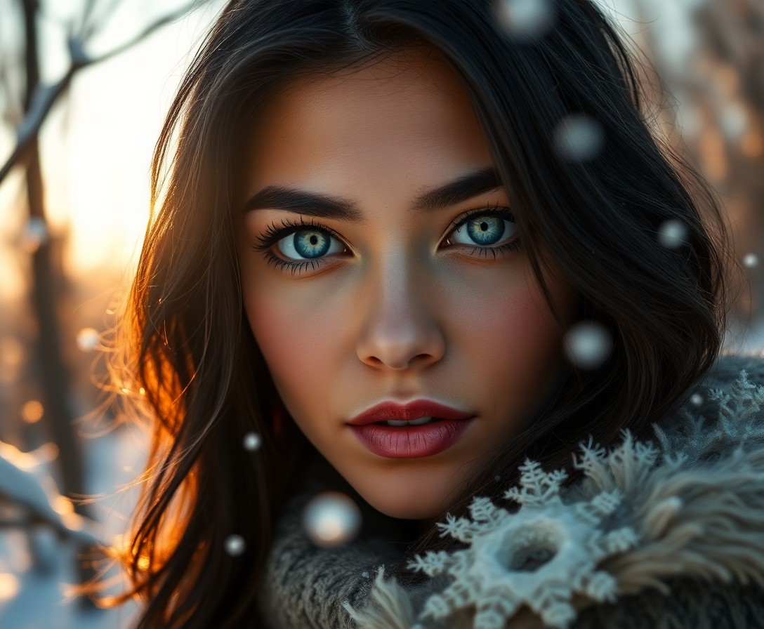 AI generated art for prompt: An ultrarealistic portrait captures a Hispanic woman's captivating presence with piercing ice-blue e