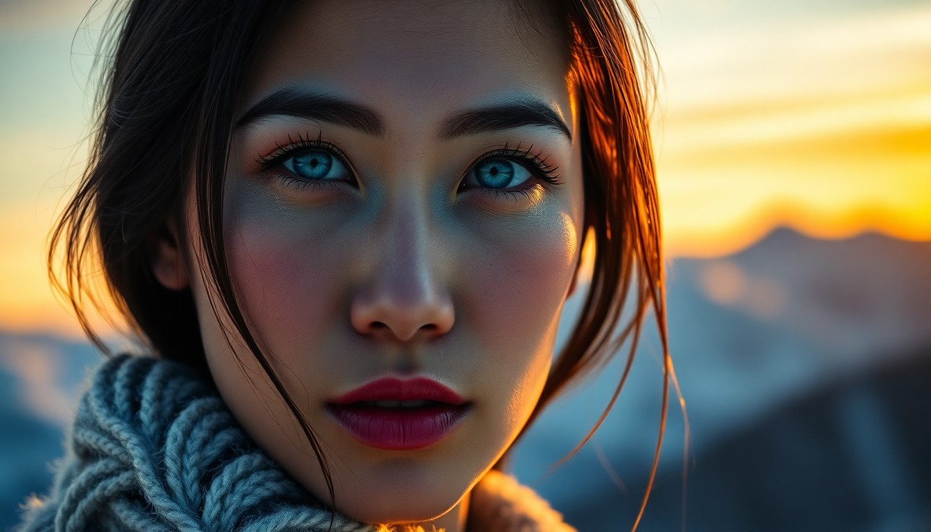 AI generated art for prompt: A portrait photograph captures the captivating gaze of a Pacific Islander woman with striking blue e