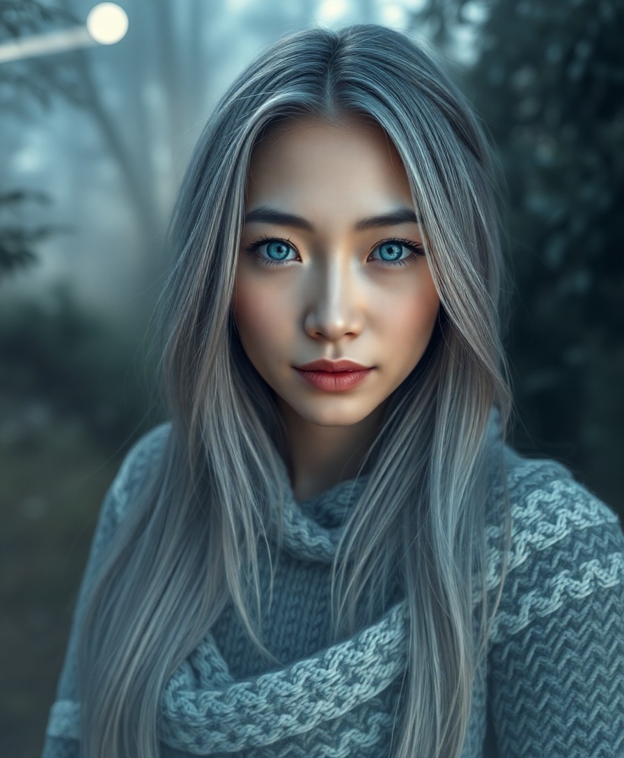 AI generated art for prompt: Imagine a captivating portrait photograph featuring an East Asian woman with striking blue eyes and 