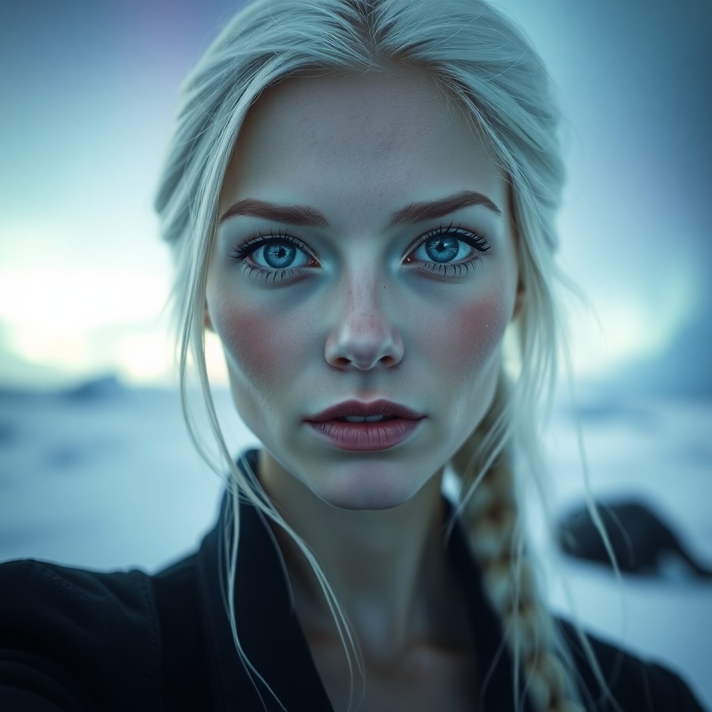 AI generated art for prompt: Envision a photorealistic portrait of an enigmatic Slavic woman, her piercing ice-blue eyes and plat