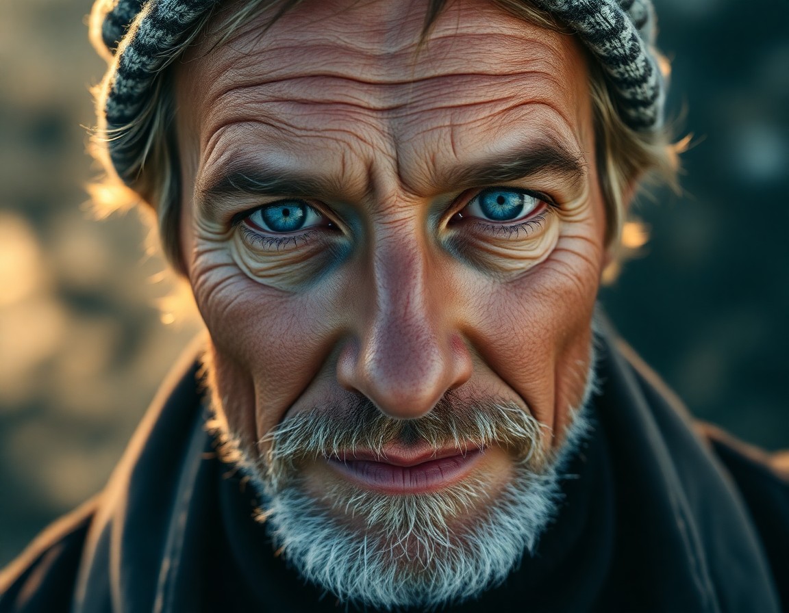 AI generated art for prompt: A photorealistic portrait photograph captures a weathered Nordic fisherman from an overhead angle, r