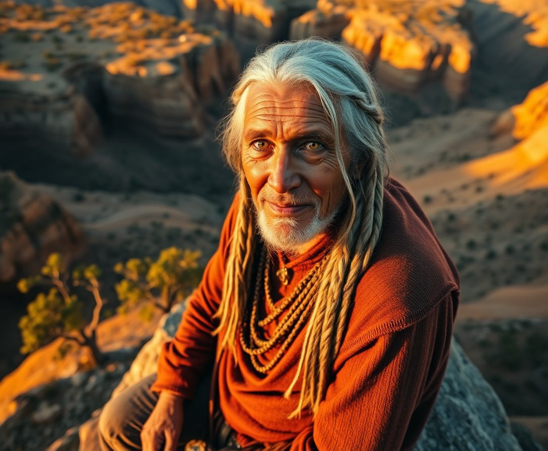 AI generated art for prompt: Hyperrealistically portray a wise Native American elder with deep-set amber eyes, weathered skin, an