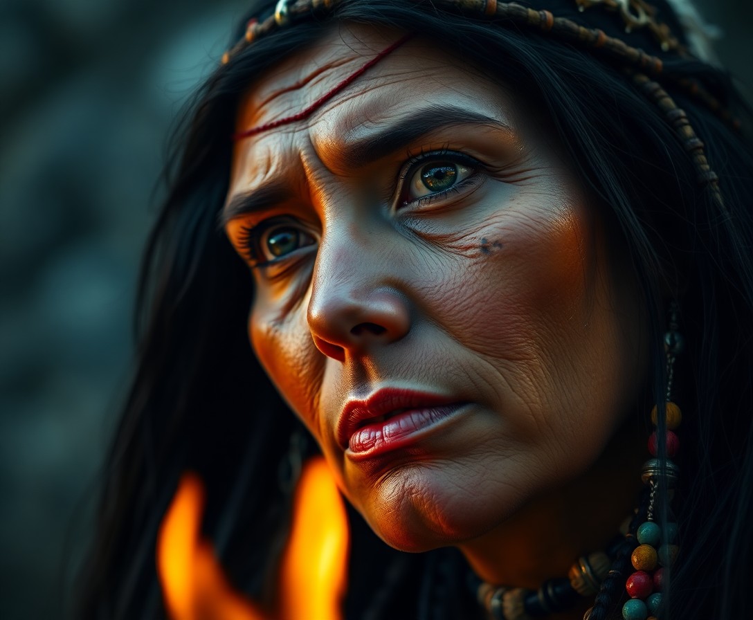 AI generated art for prompt: Envision a captivating portrait of an enigmatic Native American woman, her deep dark eyes and raven-