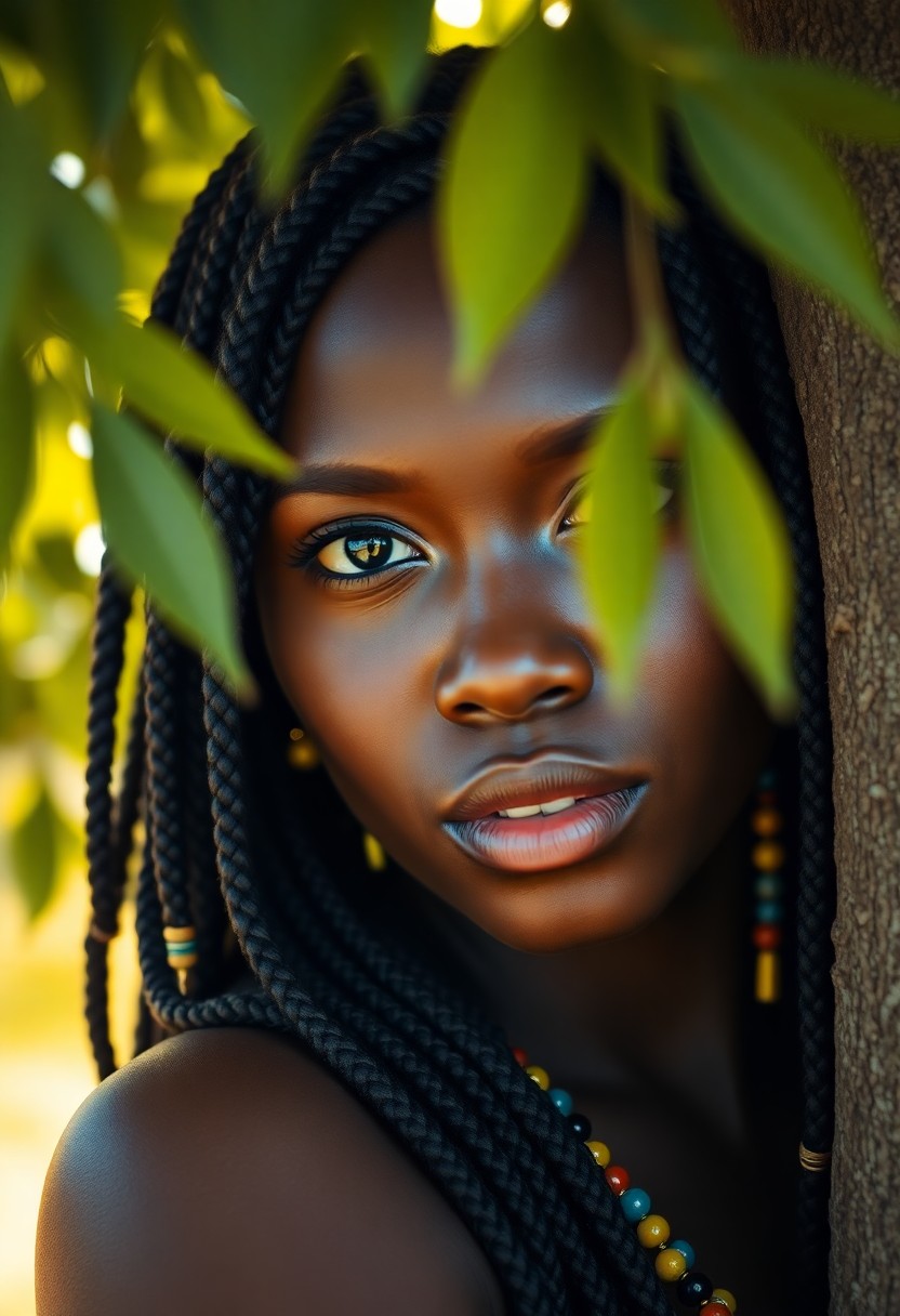 AI generated art for prompt: A DSLR captures a photorealistic portrait of an African woman with almond-shaped eyes and smooth cof