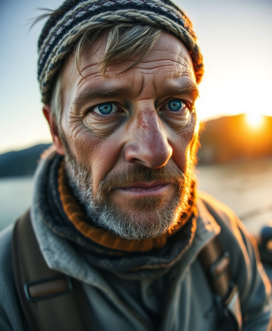 AI generated art for prompt: Imagine a portrait photograph capturing the pensive expression of a Nordic fisherman with weathered 