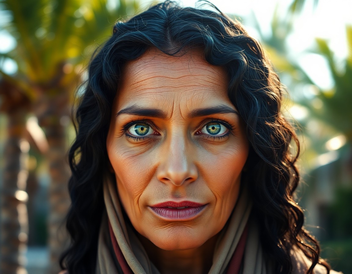 AI generated art for prompt: A photorealistic portrait of a wise Middle Eastern woman with mesmerizing green eyes and dark wavy l