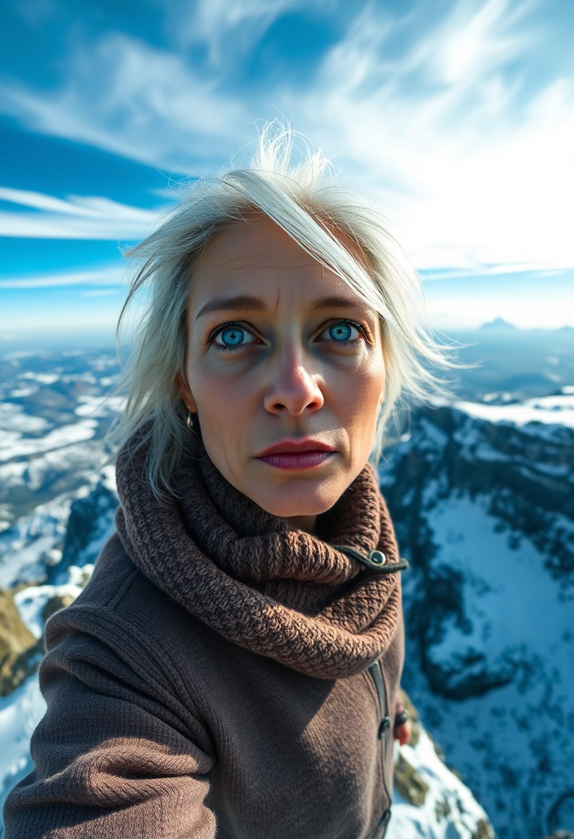 AI generated art for prompt: A mirrorless camera captures a stoic South Asian woman with piercing ice-blue eyes and windswept pla