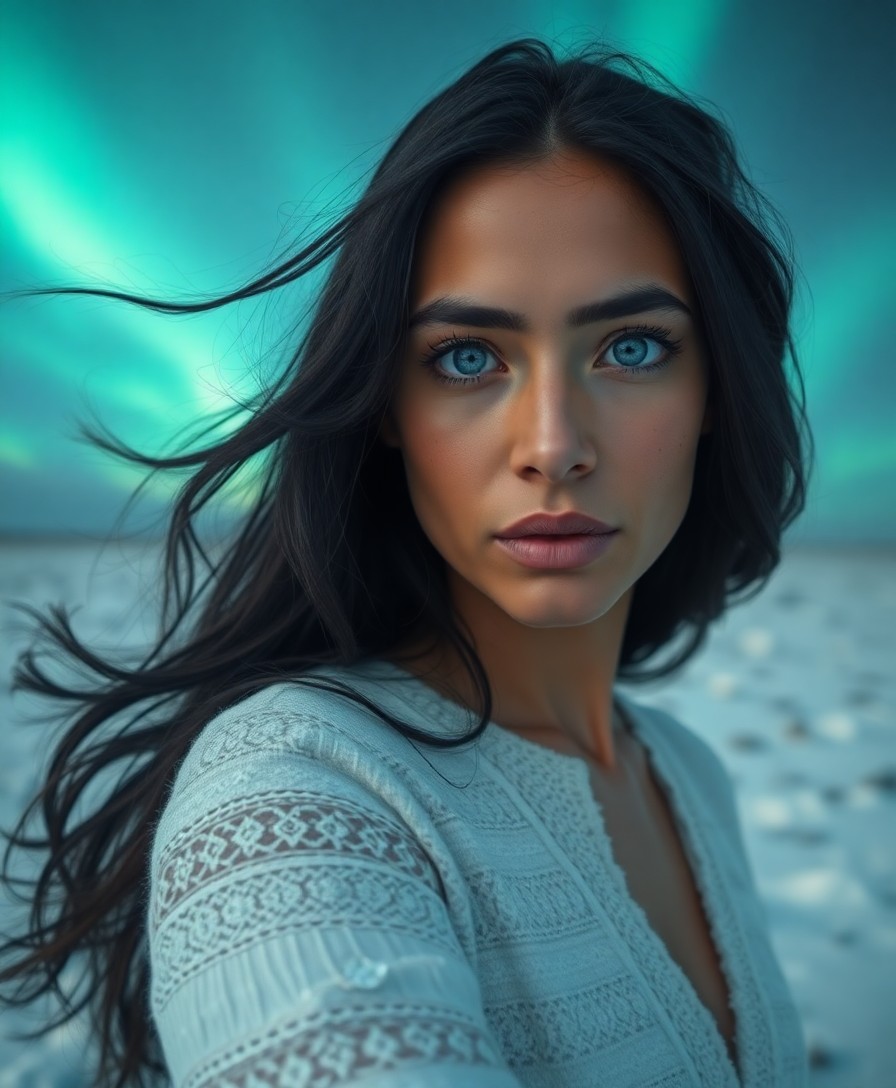 AI generated art for prompt: A captivating Middle Eastern woman with piercing ice-blue eyes and flowing raven hair is photographe