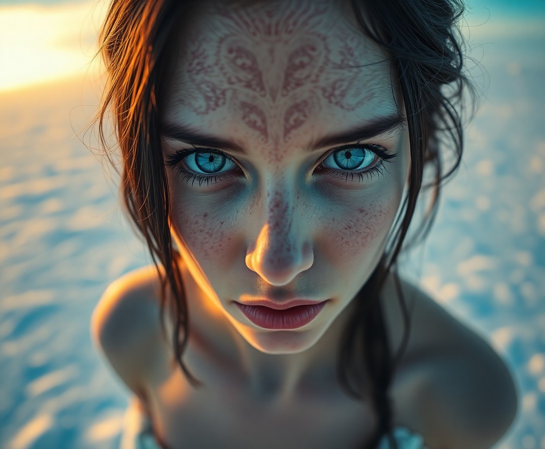 AI generated art for prompt: A portrait photograph showcases an enigmatic Nordic woman with piercing ice-blue eyes and raven hair