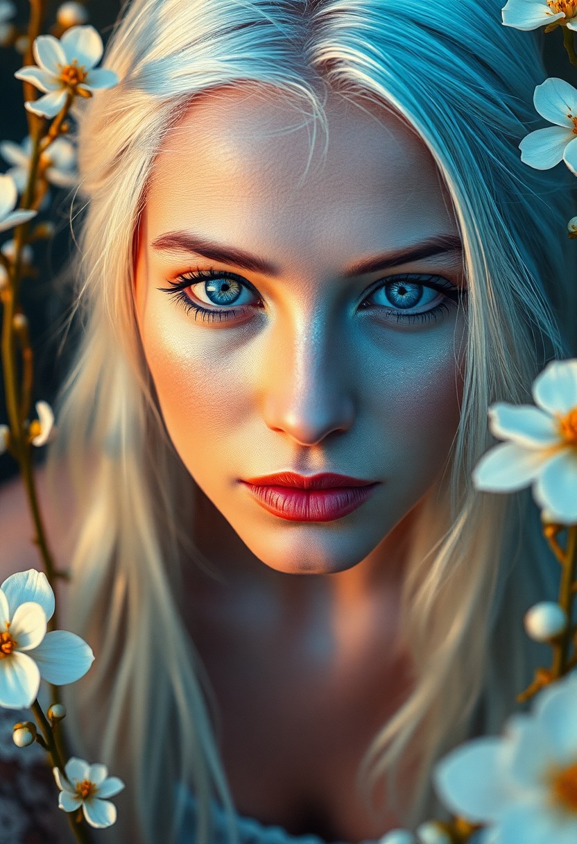 AI generated art for prompt: Hyperrealistically portray a Slavic woman's enigmatic expression with piercing blue eyes and silvery