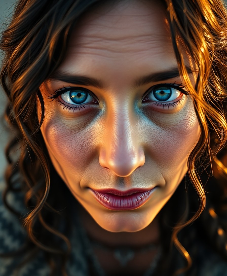 AI generated art for prompt: A photorealistic portrait captures a Native American woman in her late thirties with captivating blu