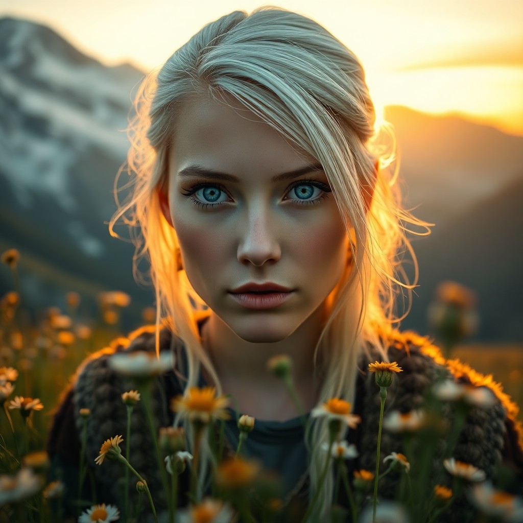 AI generated art for prompt: A hyperrealistic portrait depicts a European woman with piercing blue eyes and platinum hair in an e