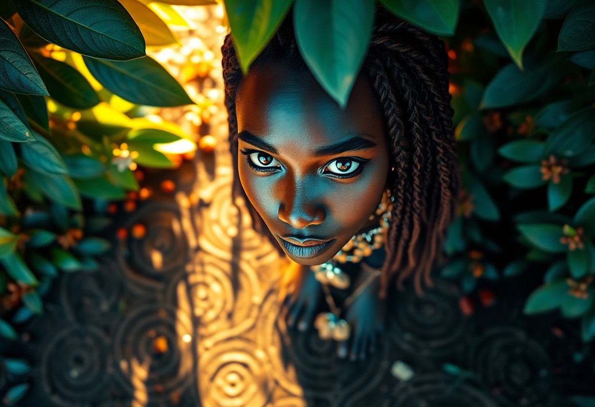 AI generated art for prompt: A photorealistic portrait showcases an African woman with warm hazel eyes and intricate braids adorn