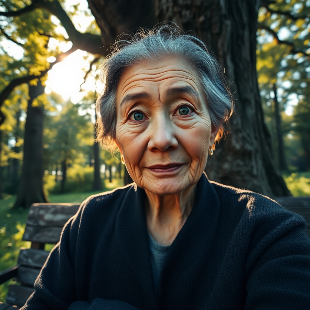 AI generated art for prompt: Depict a smartphone-captured photorealistic portrait of an elderly East Asian woman, her wise and wa