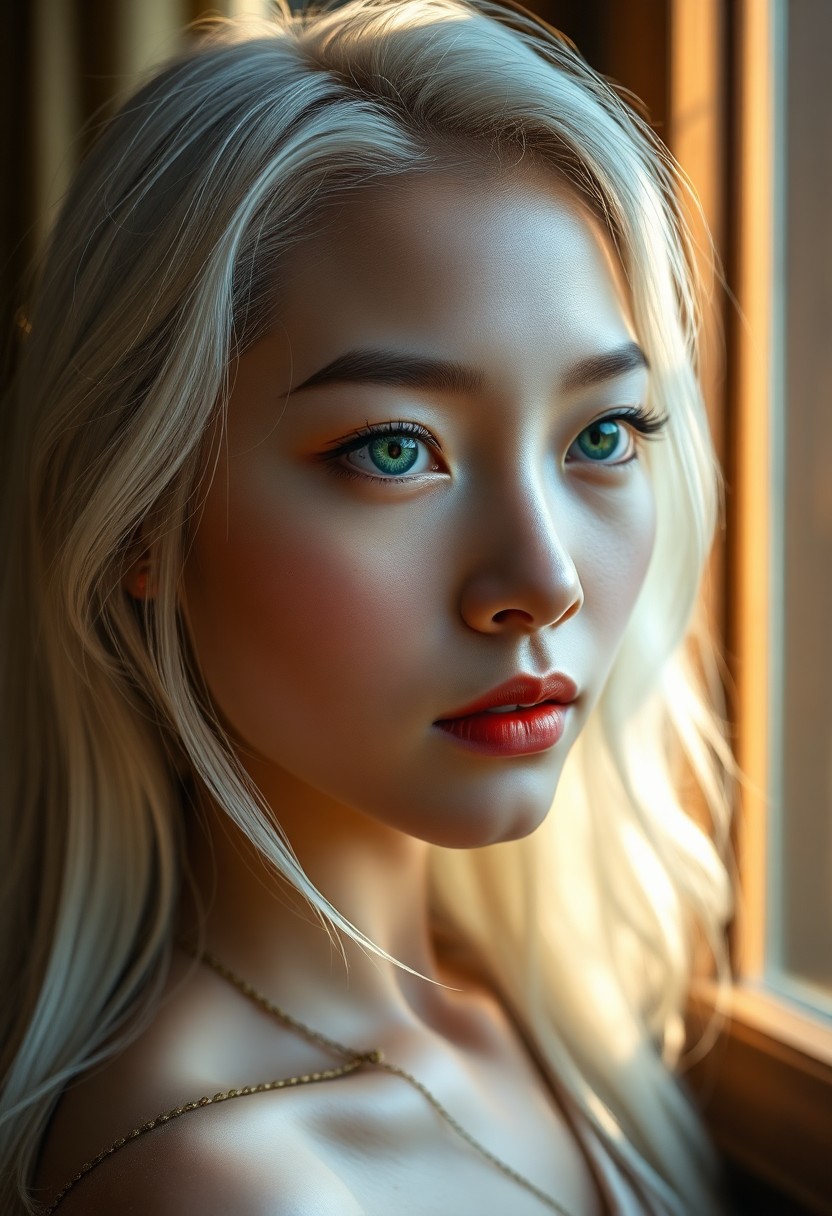 AI generated art for prompt: Craft a photorealistic portrait of an East Asian woman with mesmerizing emerald eyes and porcelain-l