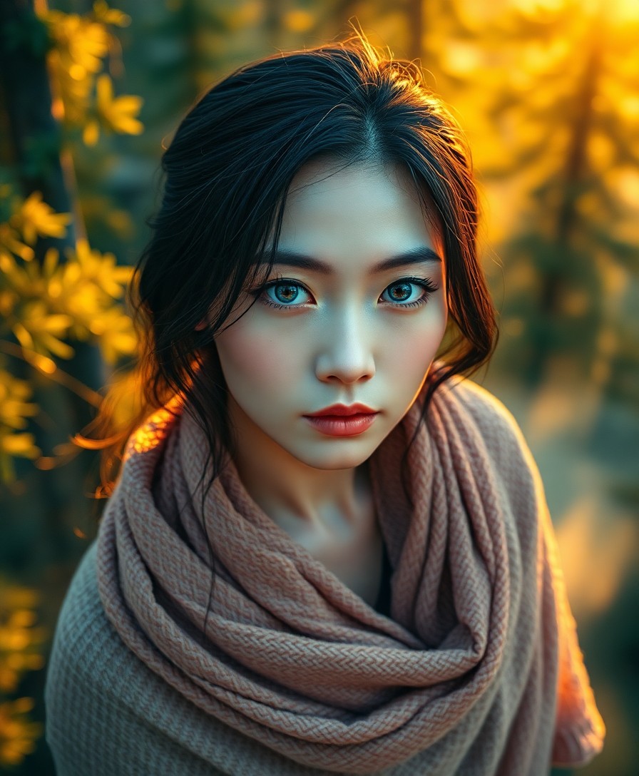 AI generated art for prompt: A photorealistic portrait photograph showcases an East Asian woman with striking ice-blue eyes and r