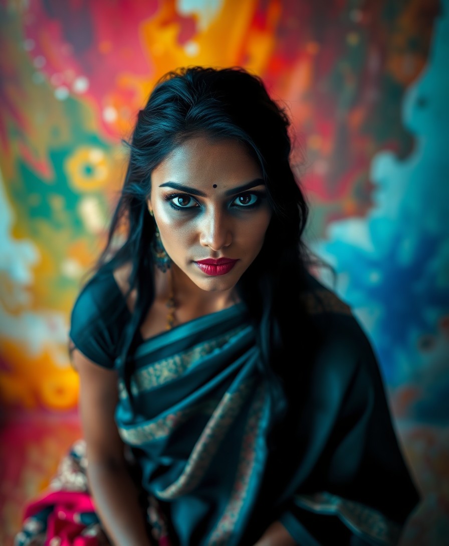 AI generated art for prompt: Visualize a portrait photograph of an enigmatic South Asian woman with piercing dark eyes and jet-bl