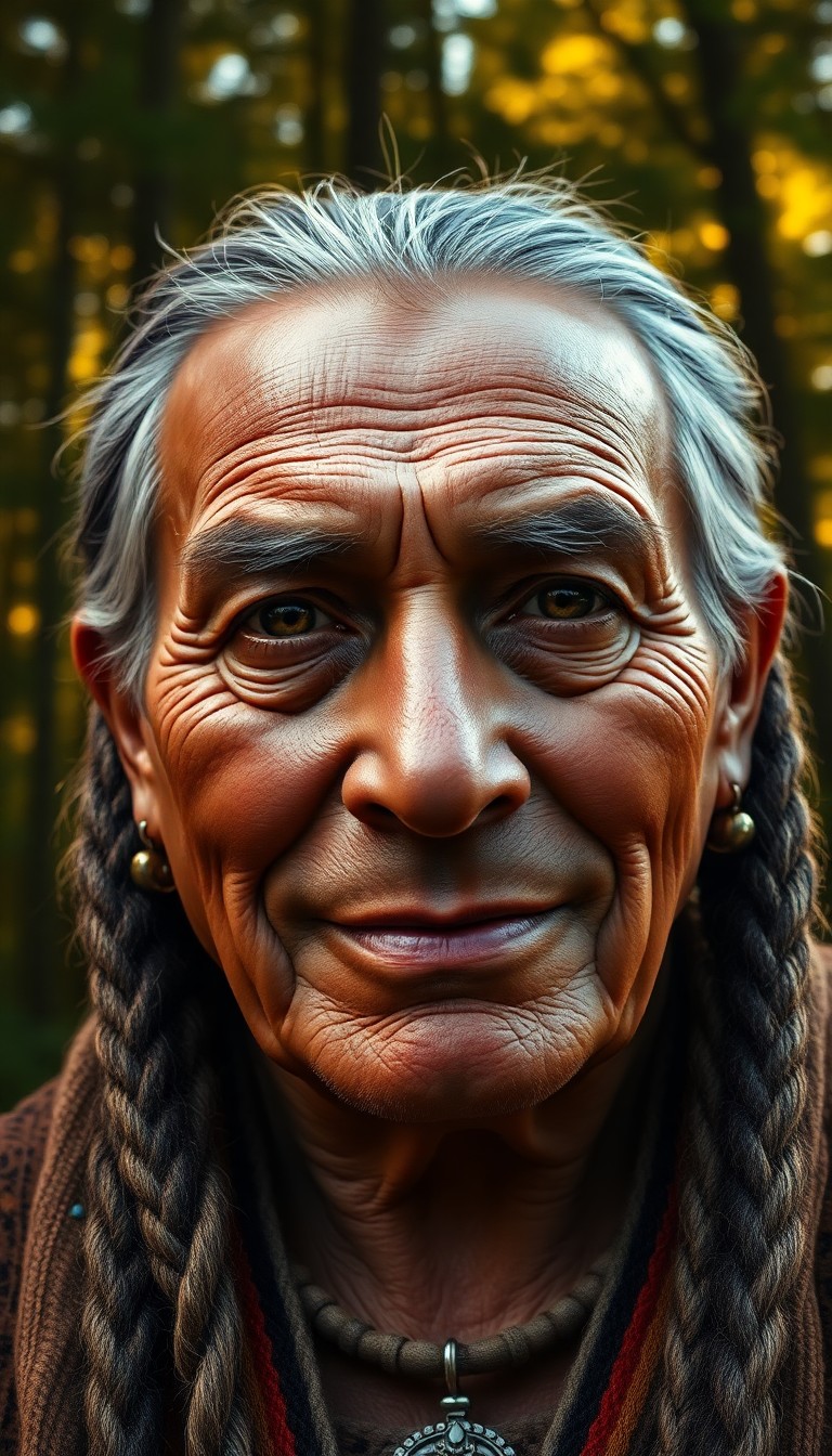 AI generated art for prompt: Hyperrealistically depict a wise Native American elder with deep-set eyes and a gentle smile. Employ