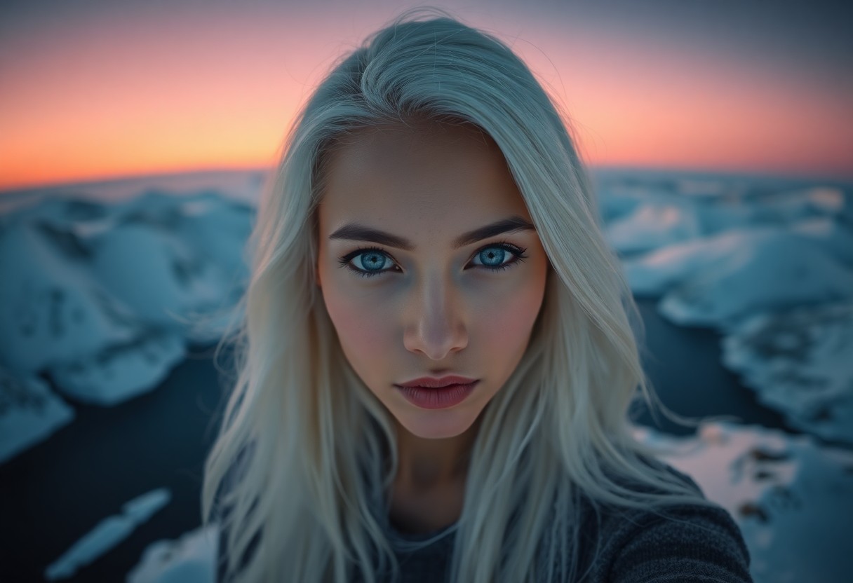 AI generated art for prompt: The enigmatic gaze of a South Asian woman with piercing ice-blue eyes and flowing platinum hair is c