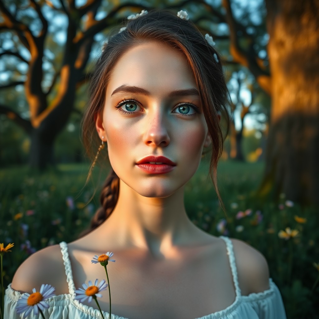 AI generated art for prompt: A hyperrealistic portrait depicts a Slavic woman's serene expression, her striking blue eyes and del