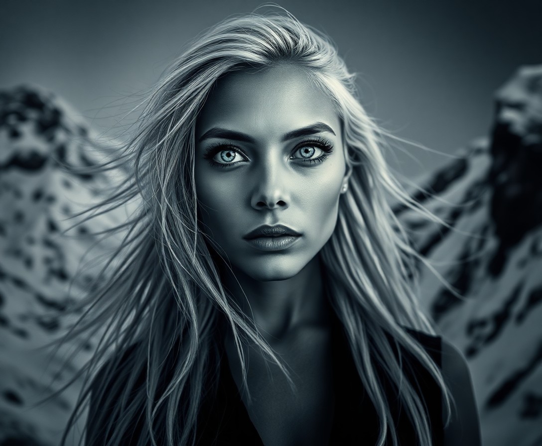 AI generated art for prompt: A portrait photograph captures an enigmatic Pacific Islander woman with piercing ice-blue eyes, her 