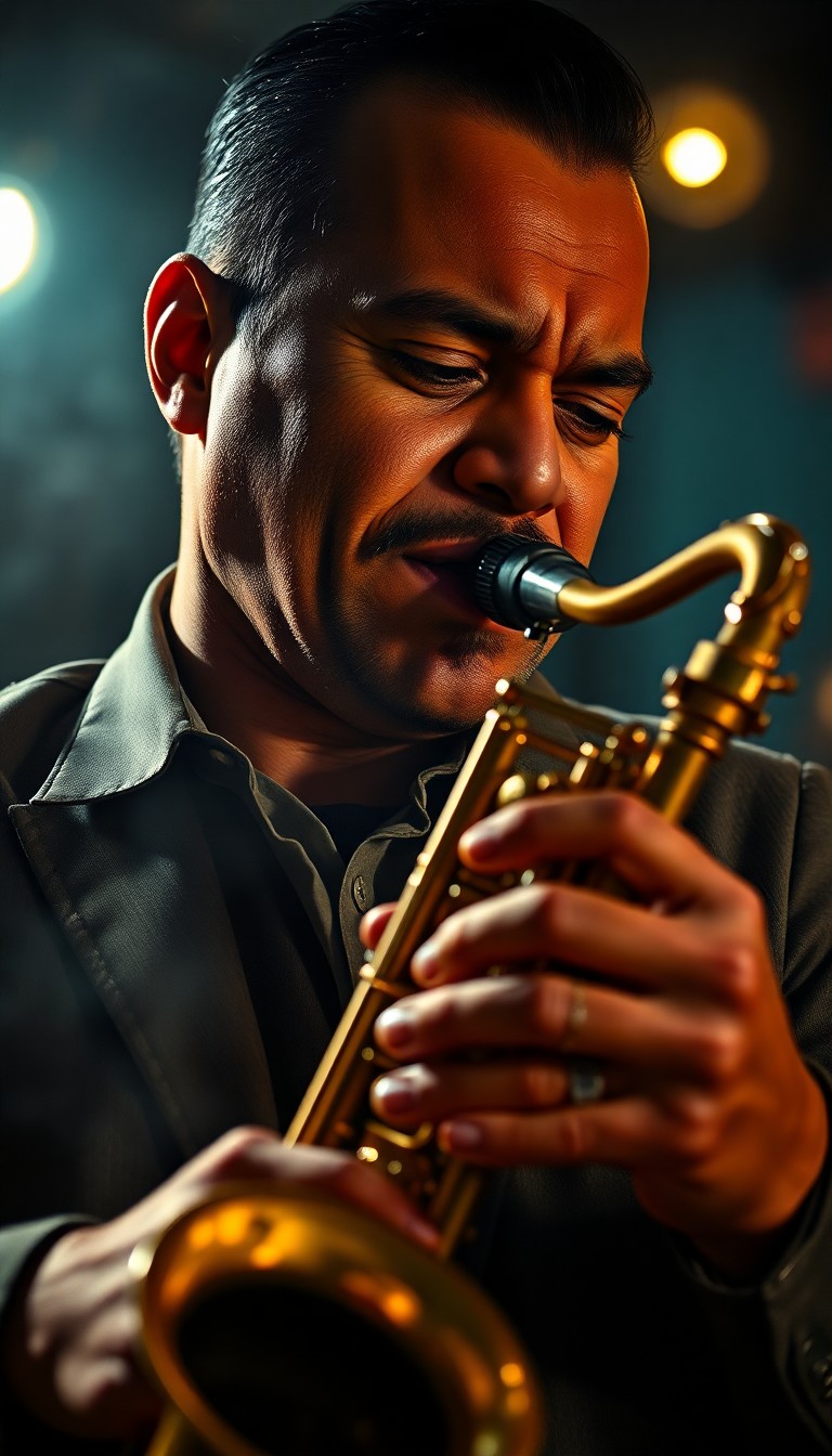 AI generated art for prompt: Craft a hyper-realistic portrait of a charismatic Hispanic jazz musician with soulful brown eyes and